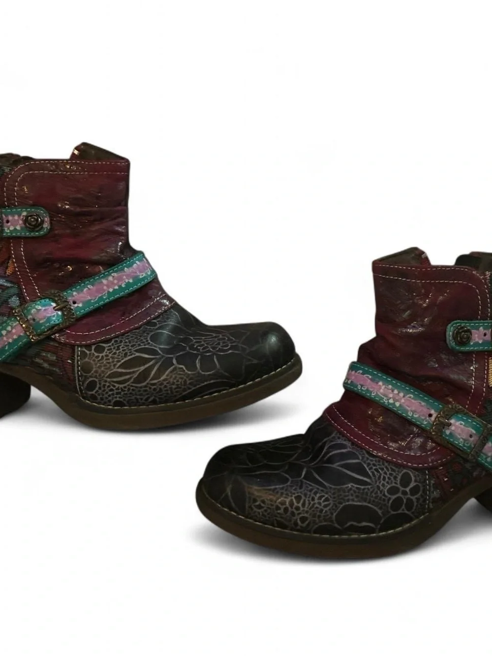Women's Burgundy and Teal Floral Leather Ankle Booties